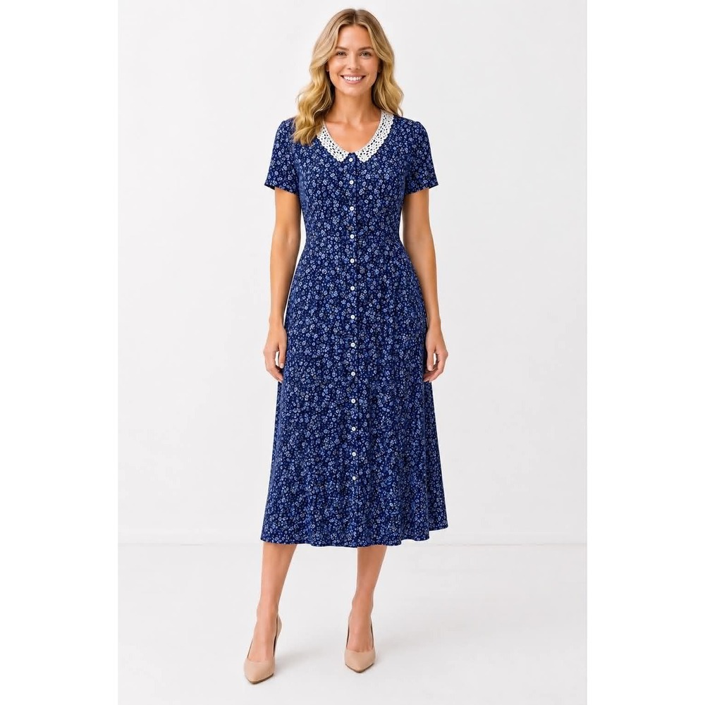 Betsy Lauren Women's Vintage Navy Floral Midi Dress Lace Collar Cottagecore 10